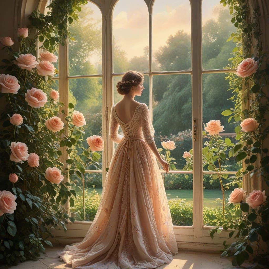 Elegant Victorian Woman in a Whimsical Rose Garden
