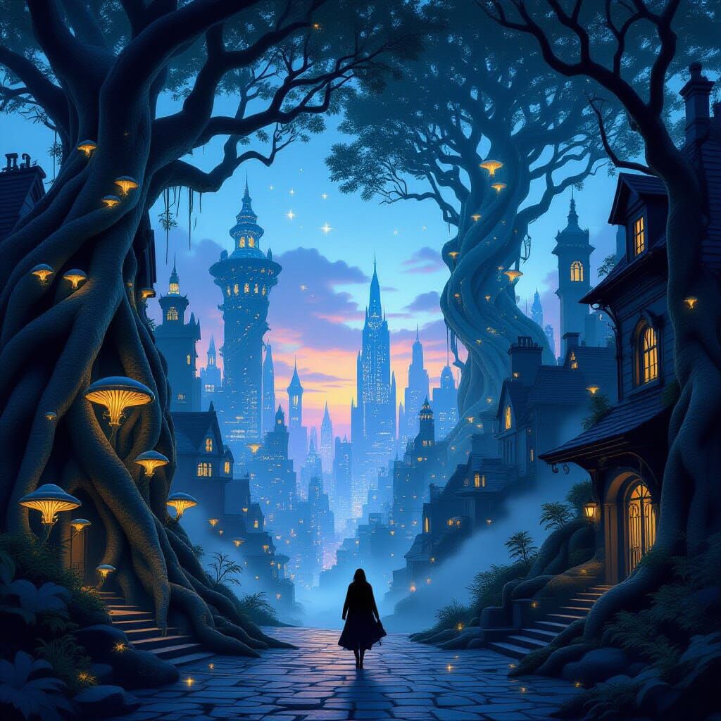 Surreal Root Cityscape at Twilight with Ethereal Figure