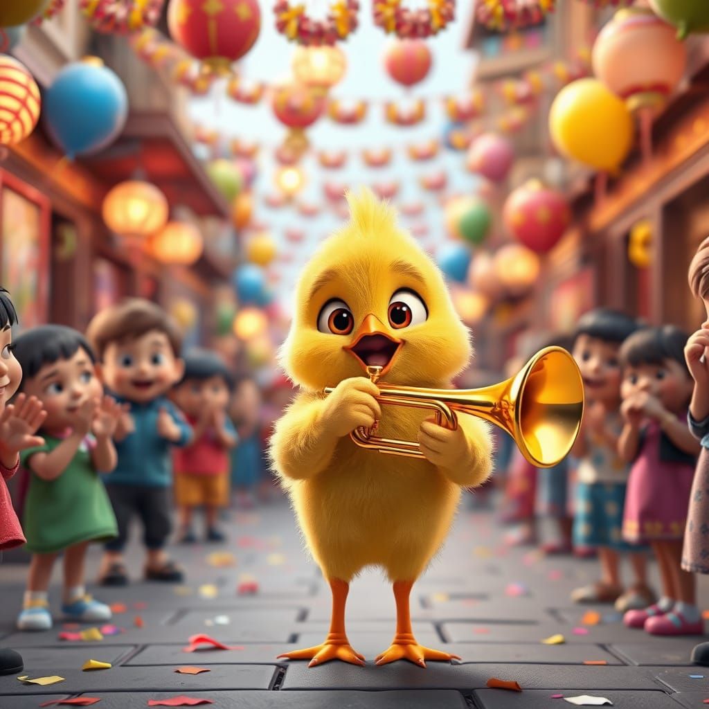 Cute Baby Chick Plays Trumpet in Festive Village