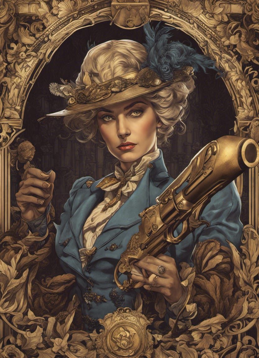 Victorian Detective with Revolver: Steampunk Alphonse Mucha
