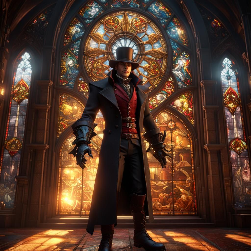 Steampunk Vampire Astarion in Stained Glass Window