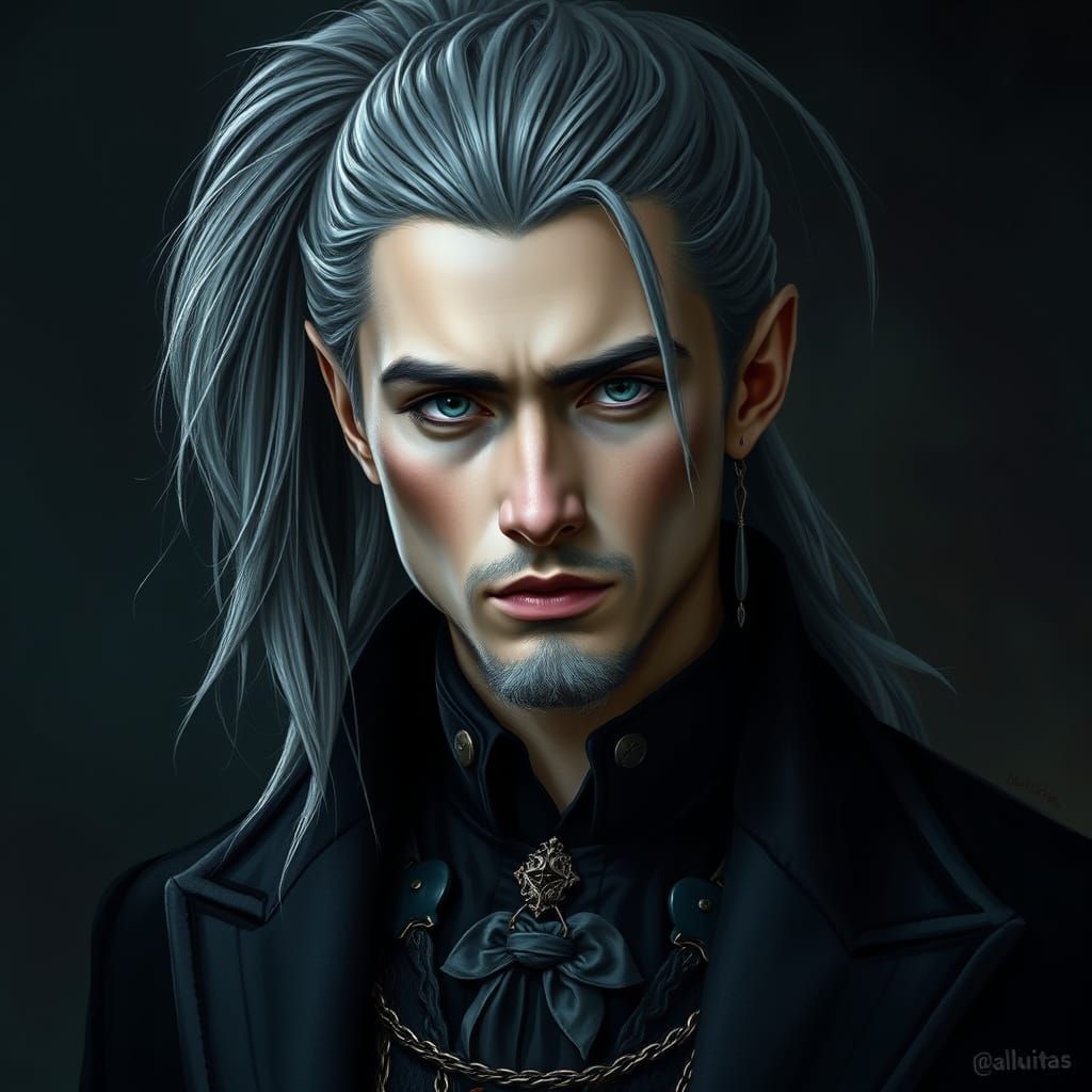 Dark Fantasy Tiefling with Elegant Attire and Serious Confid...