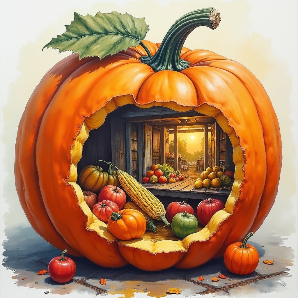Surreal Pumpkin Reveals Farmers Market, Watercolor Abstract