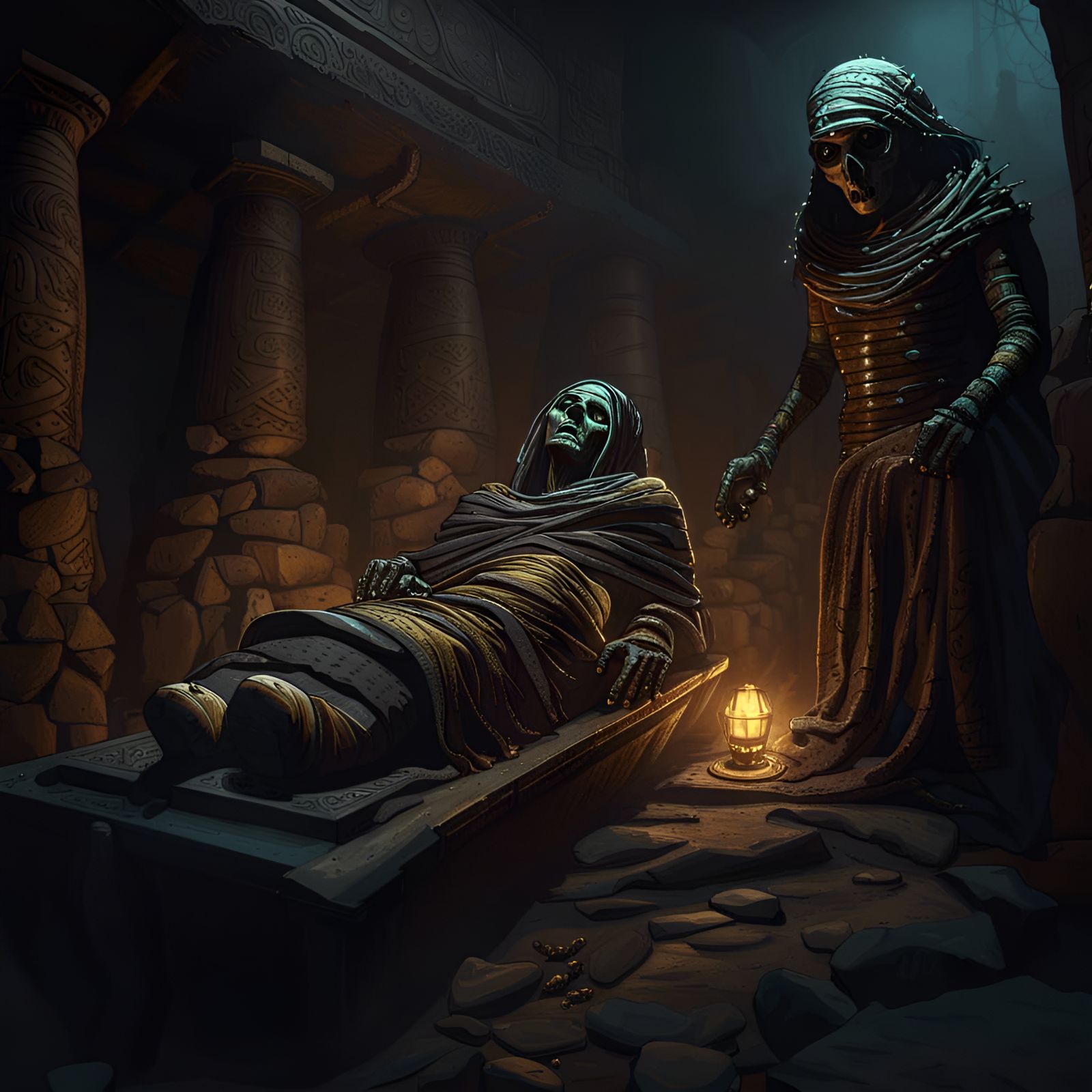 Mummies Rise from Sarcophagi in Dark Tomb