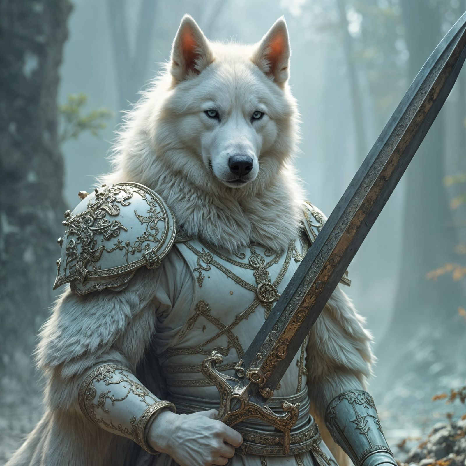 Majestic Silver-Trimmed White Husky Archon Hound Wields Orna...