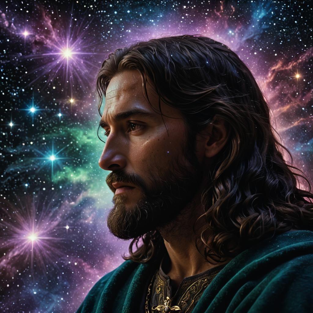 Jesus Christ Merging with Cosmos in Baroque Lighting
