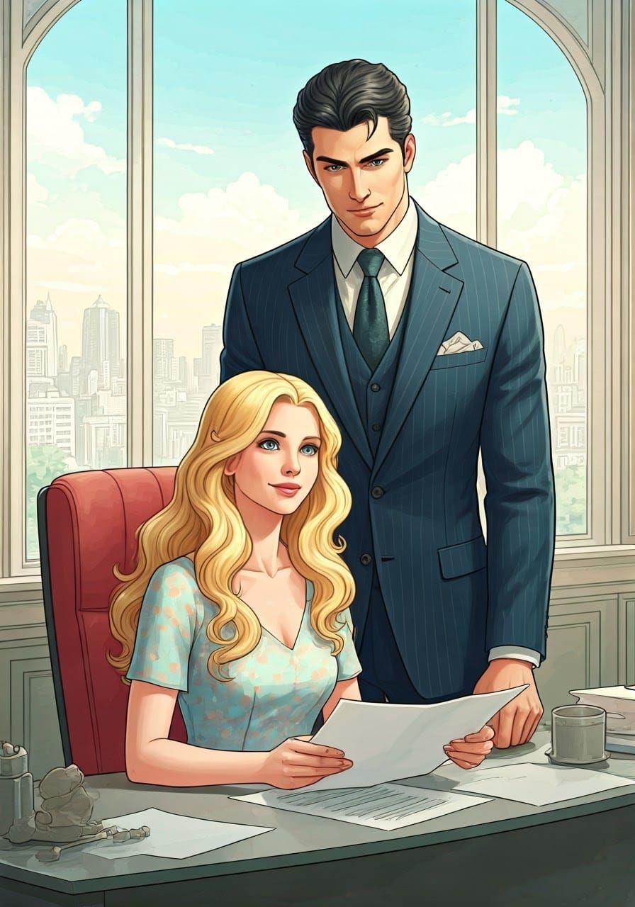Elegant Couple in Pastel Office, Storybook Illustration