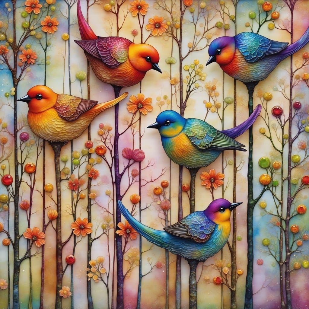 Dreamlike Glass Birds in Whimsical, Layered Details