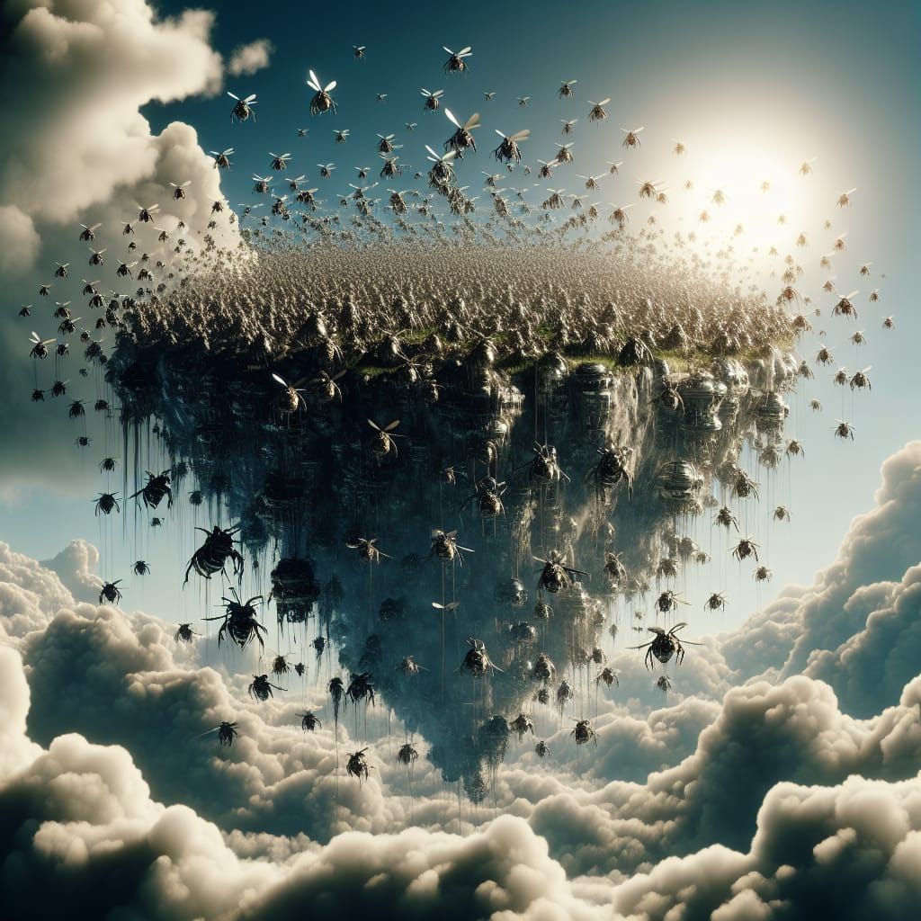 Surreal Floating Island of Mechanical Insects in 8K