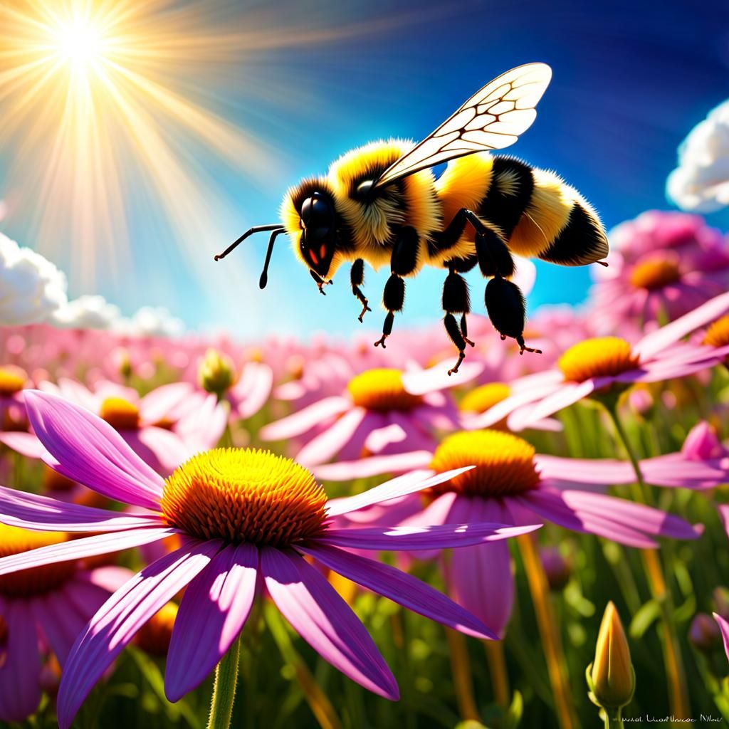 Bee's-Eye View of Daisy Field in Hyperrealistic Impressionis...