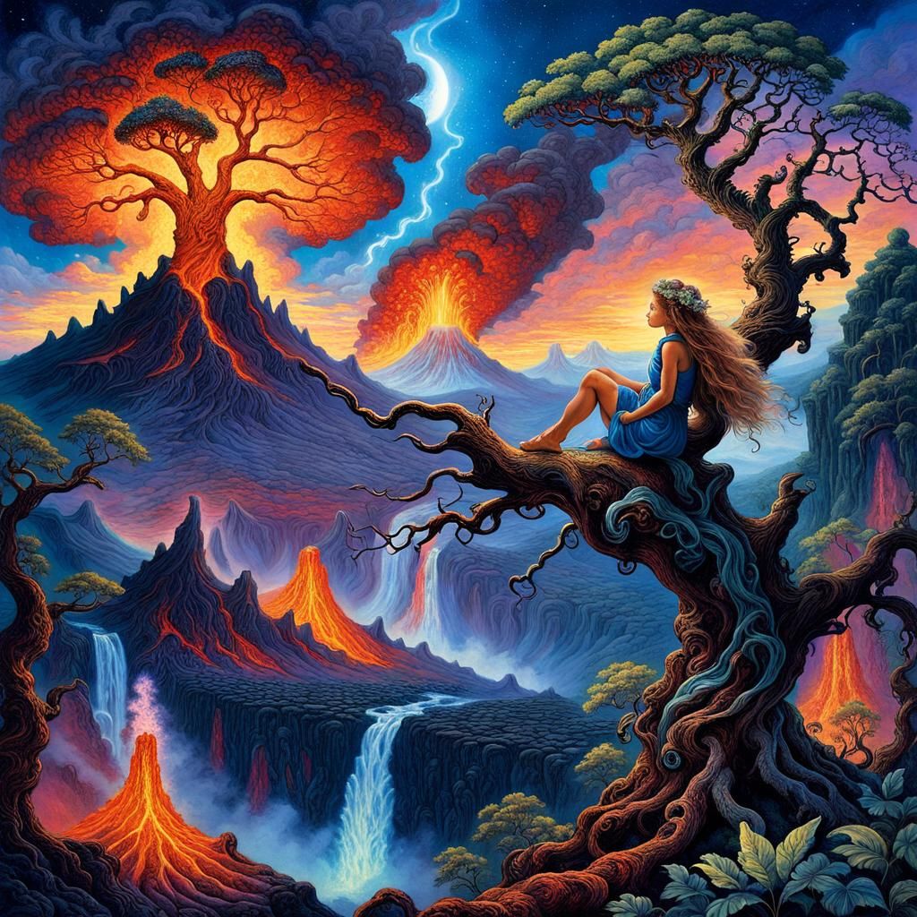 Halfling Observes Volcanic Eruption in Surreal Fantasy Style