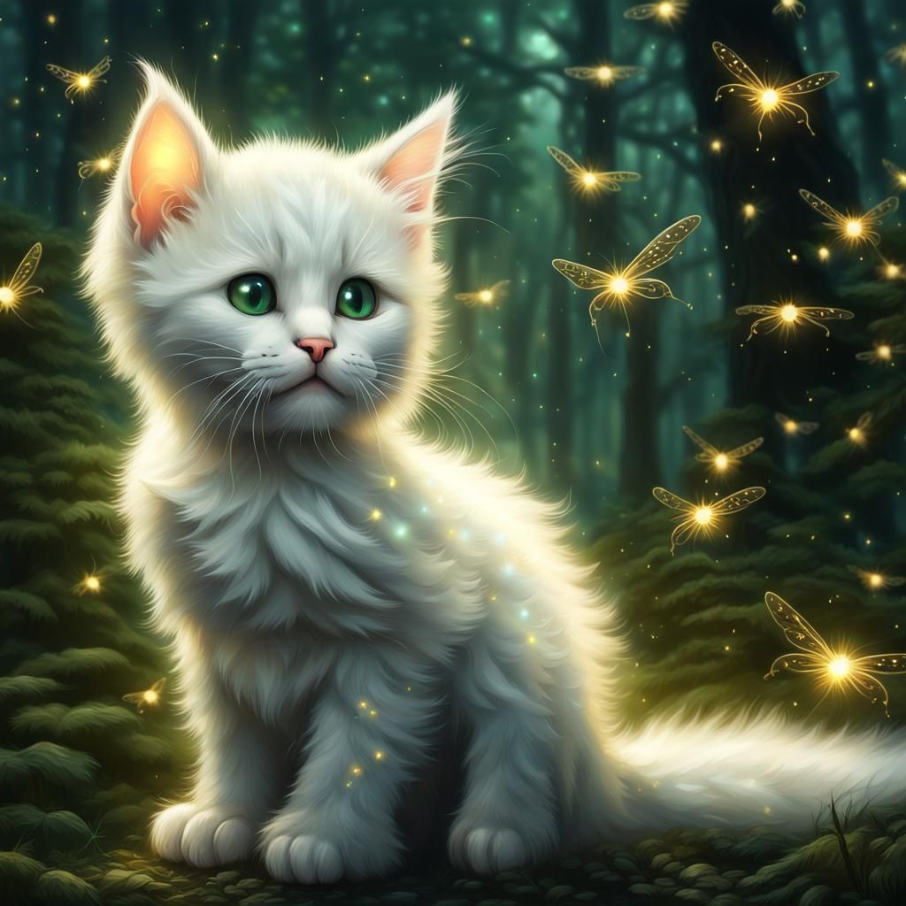 Unicorn Kitten Catches Fireflies in Enchanted Forest