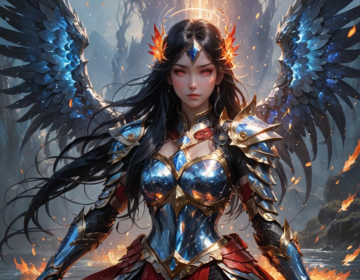 Cosmic Knight Goddess in Fiery Field: Anime Art