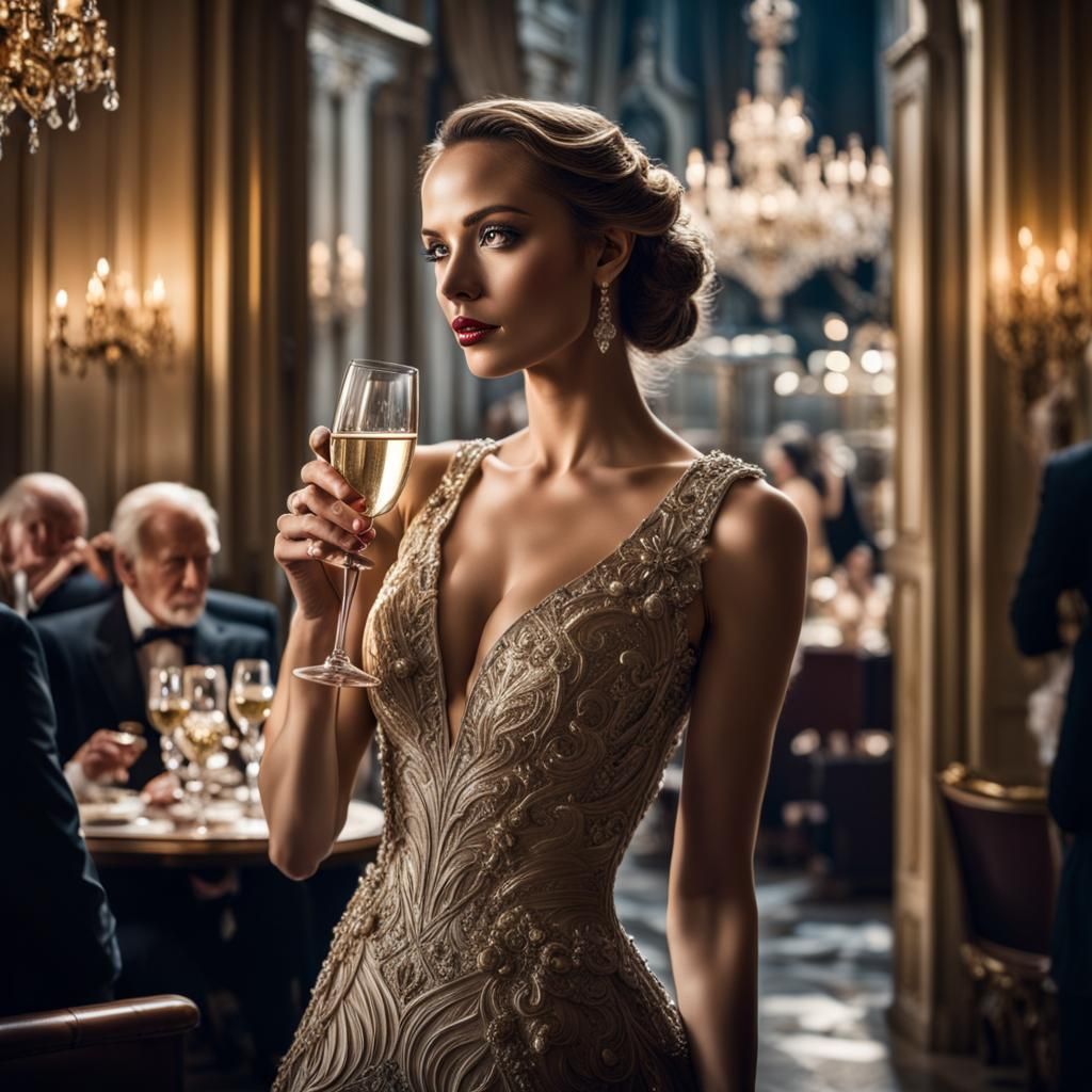 Beautiful Woman in Gala Dress Drinking Champagne