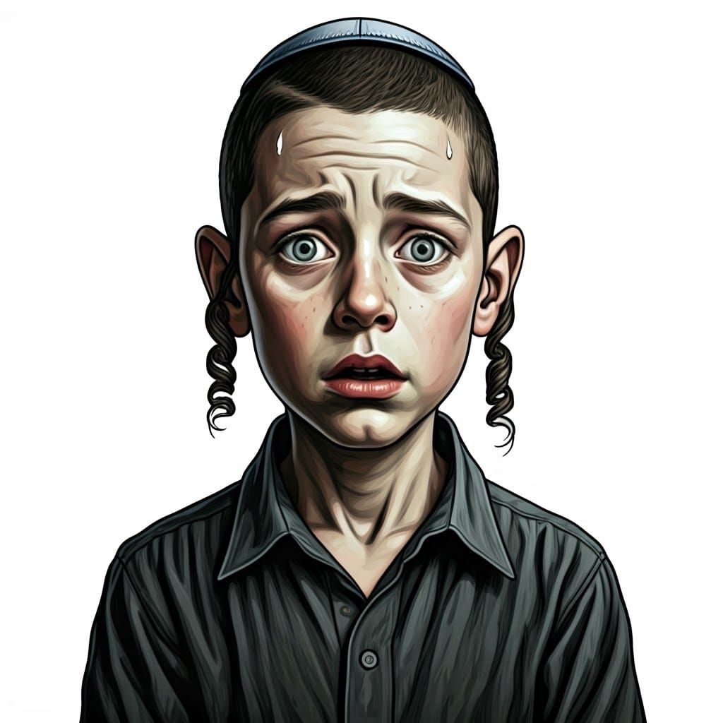Anxious Ultra-Orthodox Boy in Jewish Folk Art Style