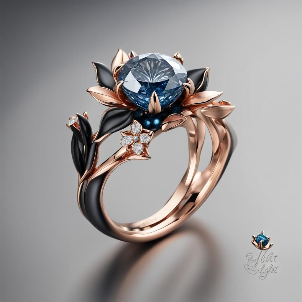 Ethereal Ring Design with Rose Cut Blue Diamonds and Lily of...
