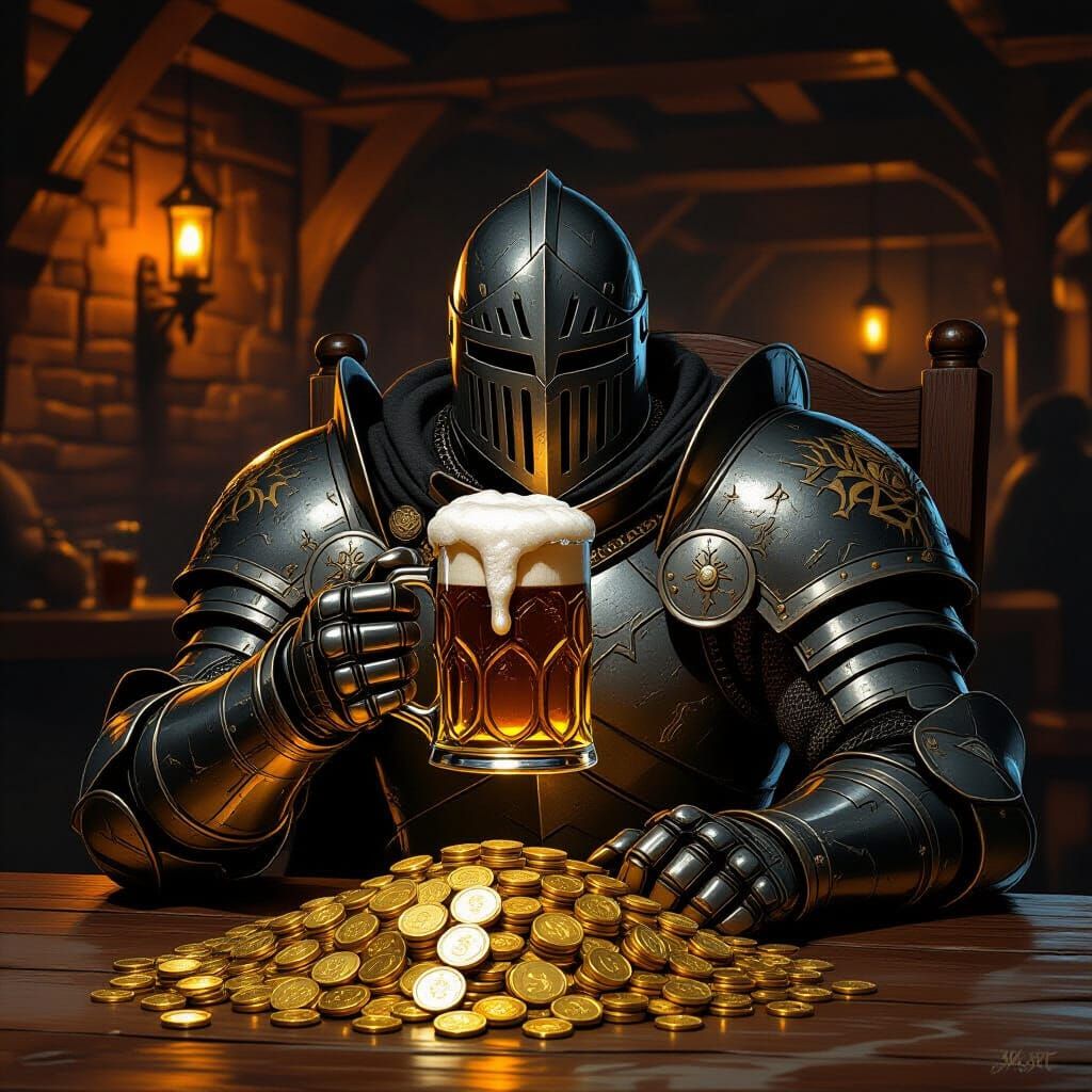 Knight Enjoys Beer and Gold in Medieval Bar