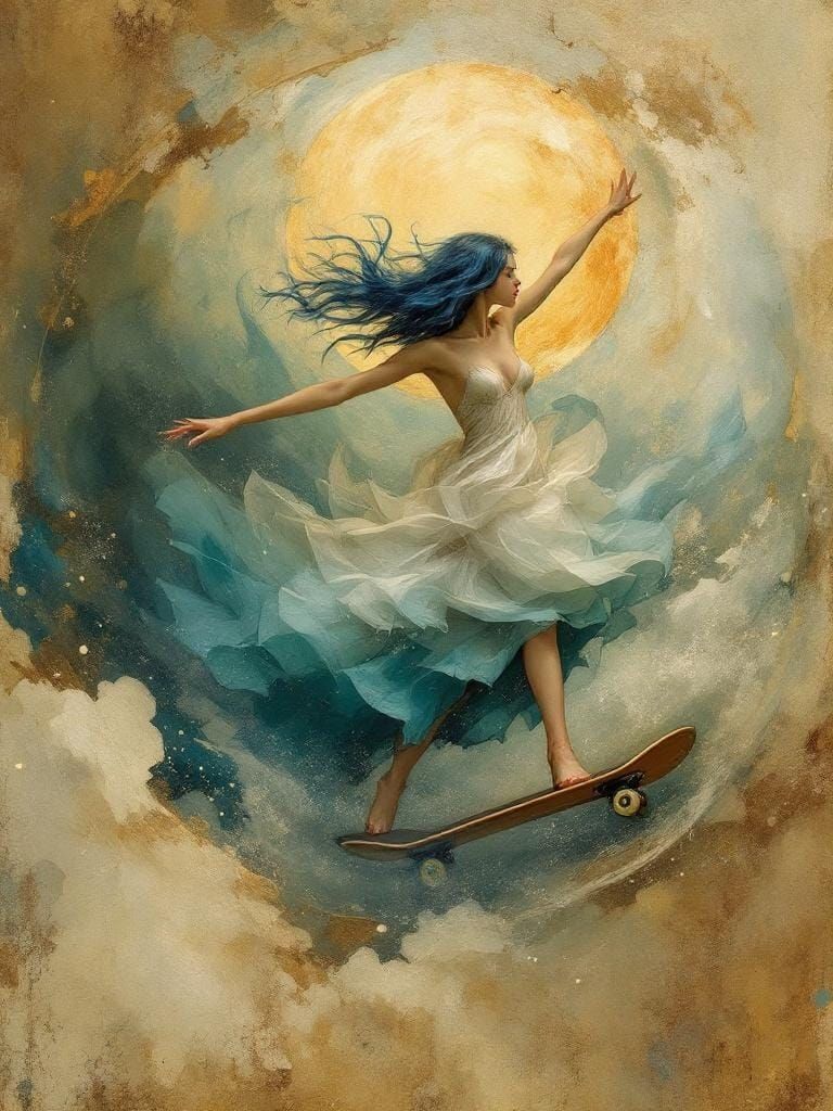 Skater Girl Rides the Sky: Art Nouveau Style