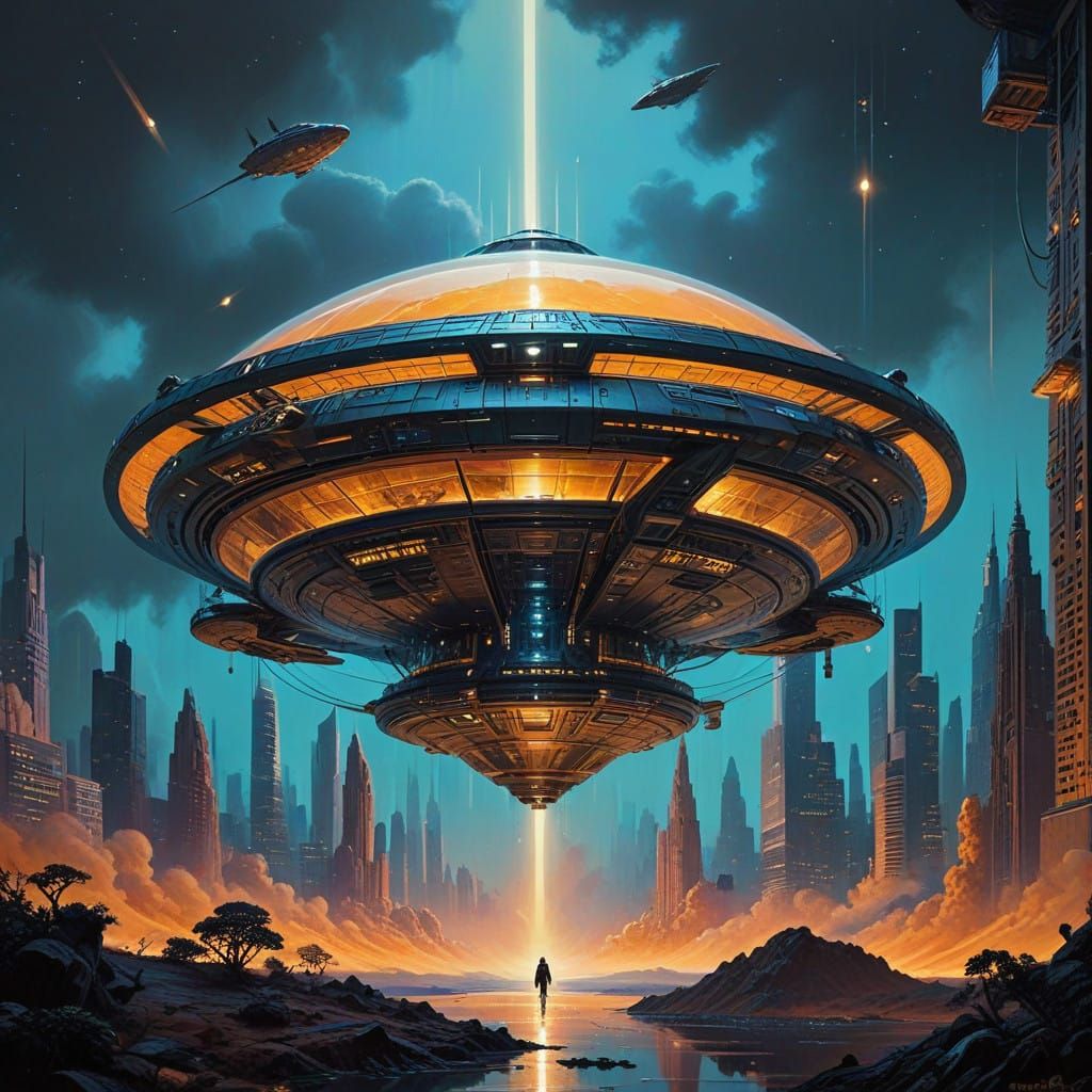 Sleek Spaceship Lands in Futuristic Cityscape