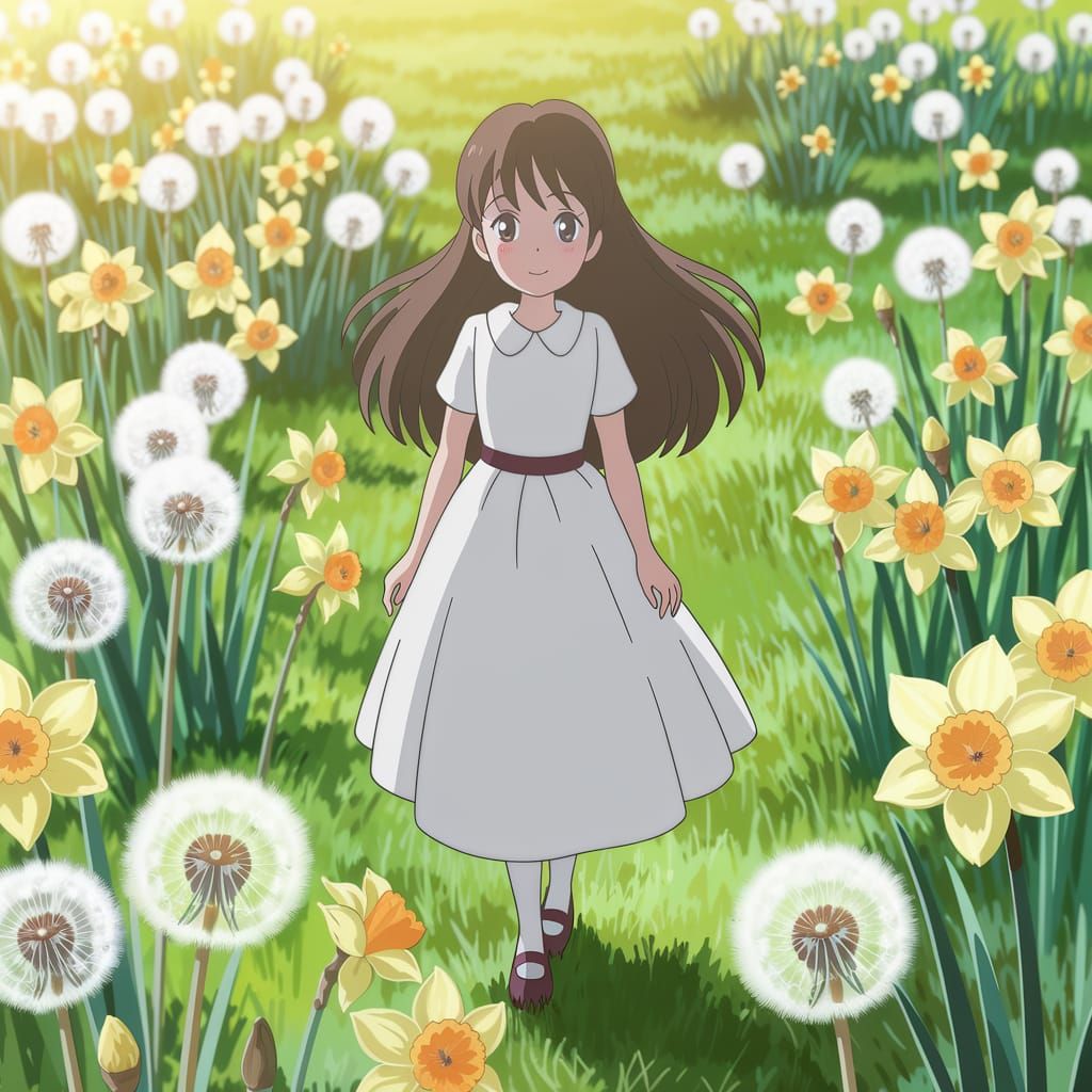 Anime Girl Amidst Daffodils and Dandelions in Sunny Field