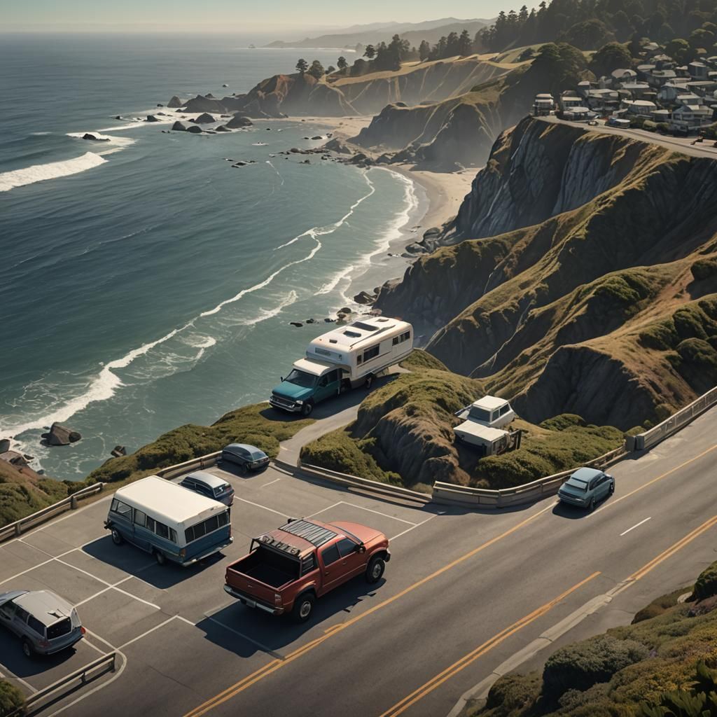 Camper Truck on Pacific Coast Highway in Detailed Digital Pa...