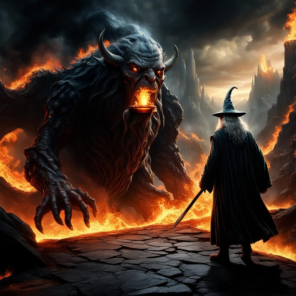 You shall not pass! Epic mighty Gandalf, facing the burning Balrog. Tolkien, Lord of the Rings.