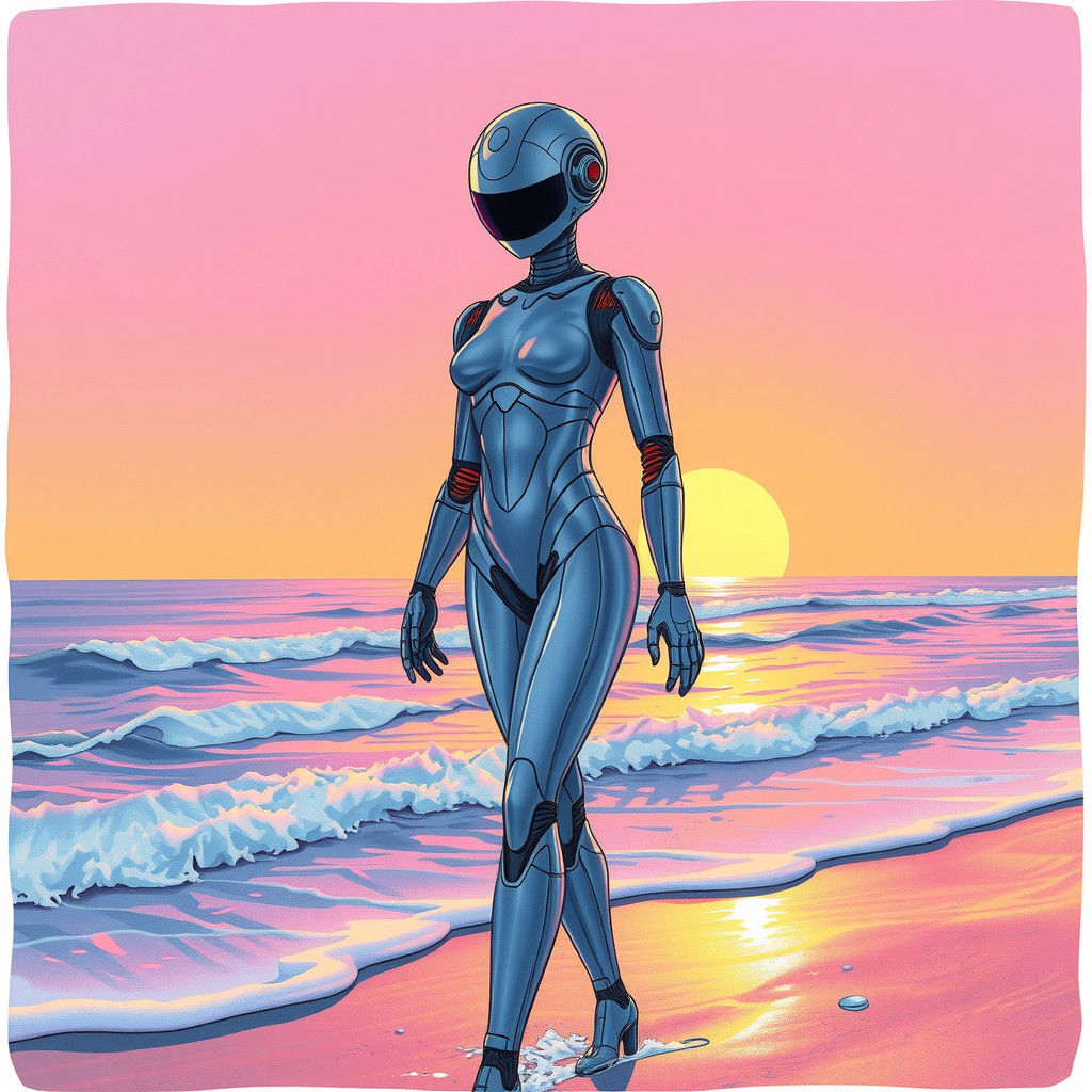 Retro-Futuristic Robotic Woman on Beach at Sunset