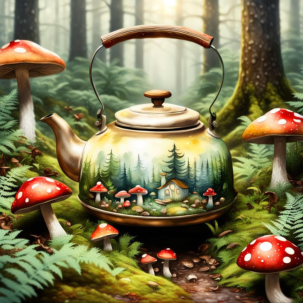 Christmas Kettle in Forest, Detailed Whimsical Painting