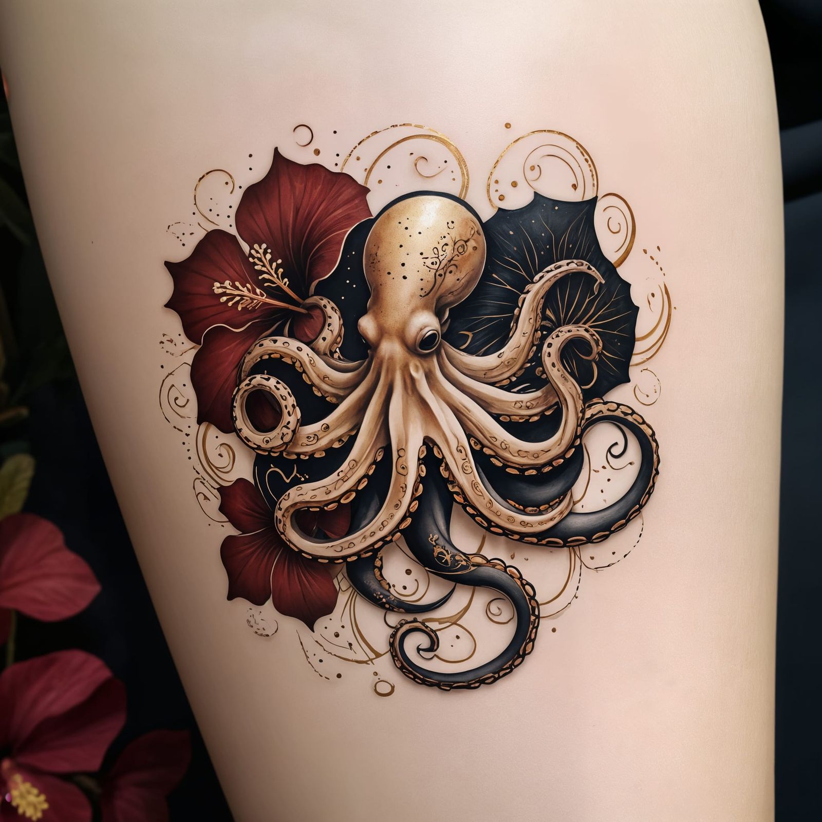 Minimalist Octopus and Hibiscus Tattoo Illustration