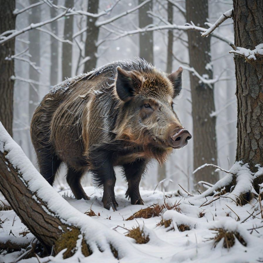 Wild Boar Dominates Snowy Forest Landscape in Hyperrealistic...