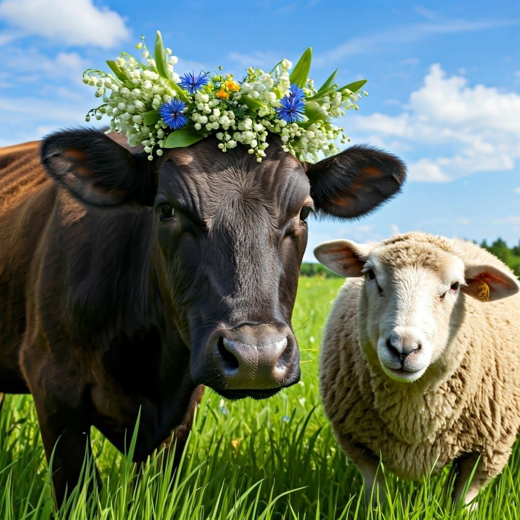 Cow and Sheep with Floral Wreaths