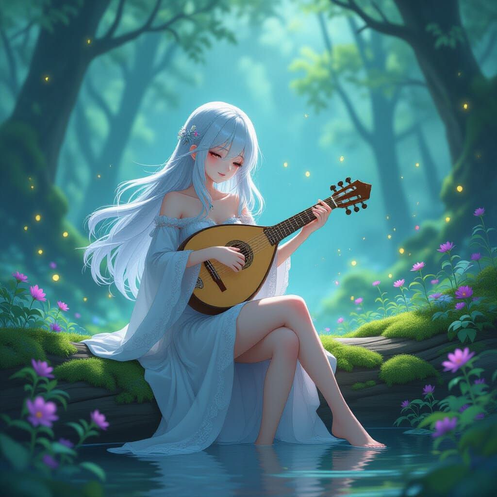 Anime Girl Plays Lute in Enchanted Forest