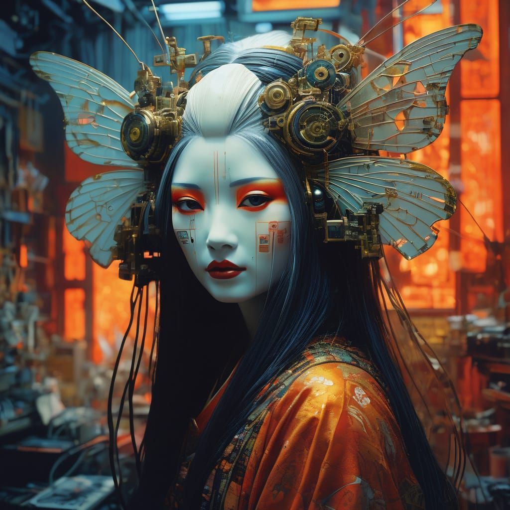 Ethereal Android Geisha in Futuristic Repairshop