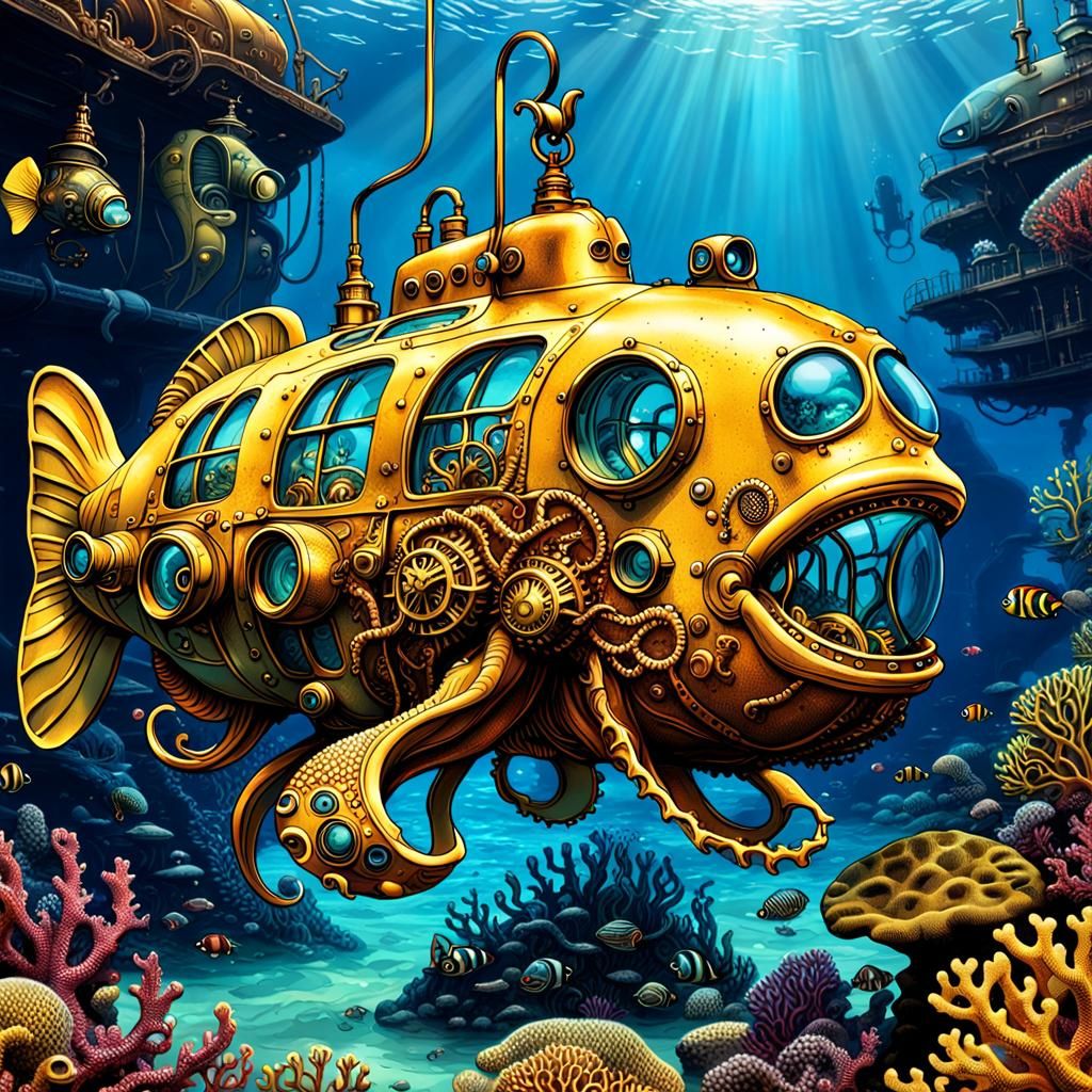 Steampunk Squid in Yellow Submarine