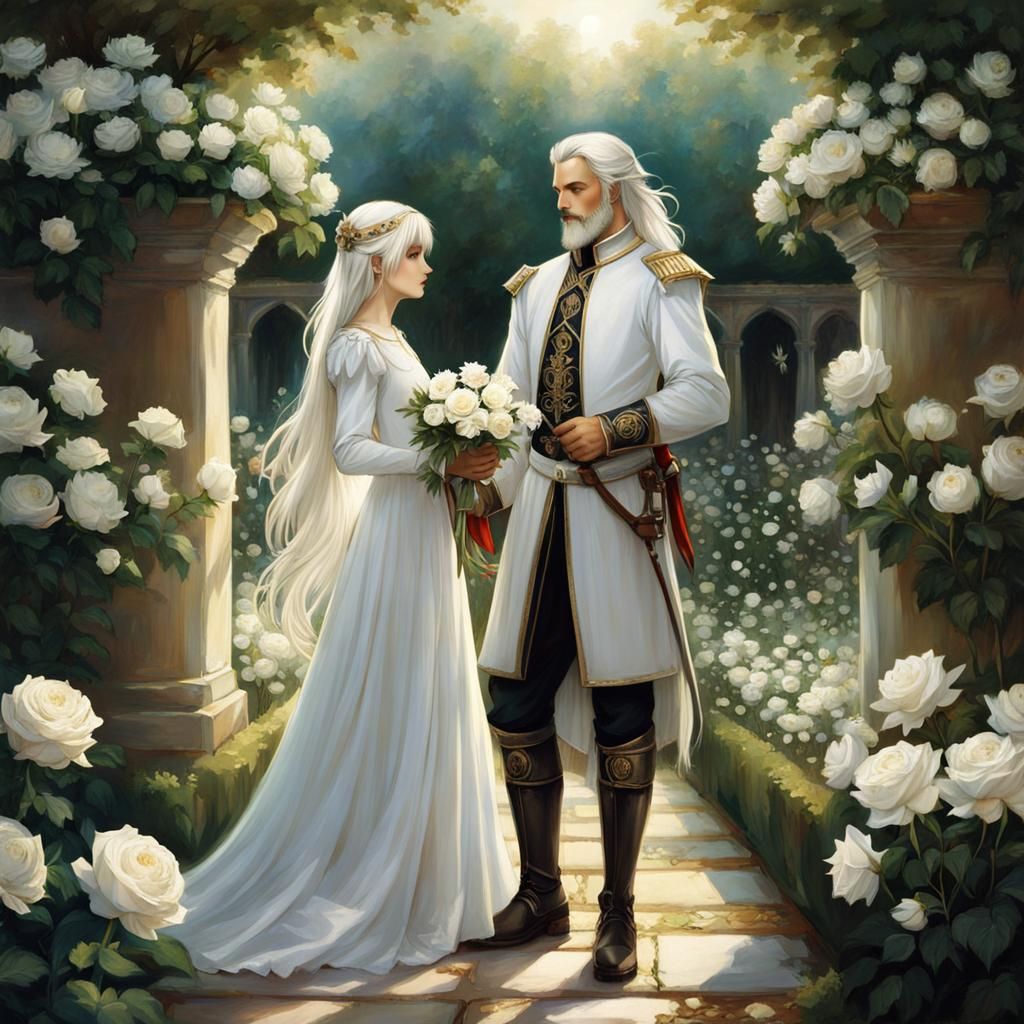 Fantasy Couple in White Rose Garden, Anime Style