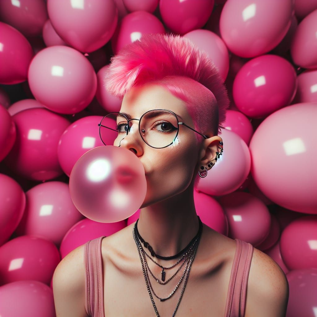 Punk Woman Blowing Bubble in Pink Balloon Room