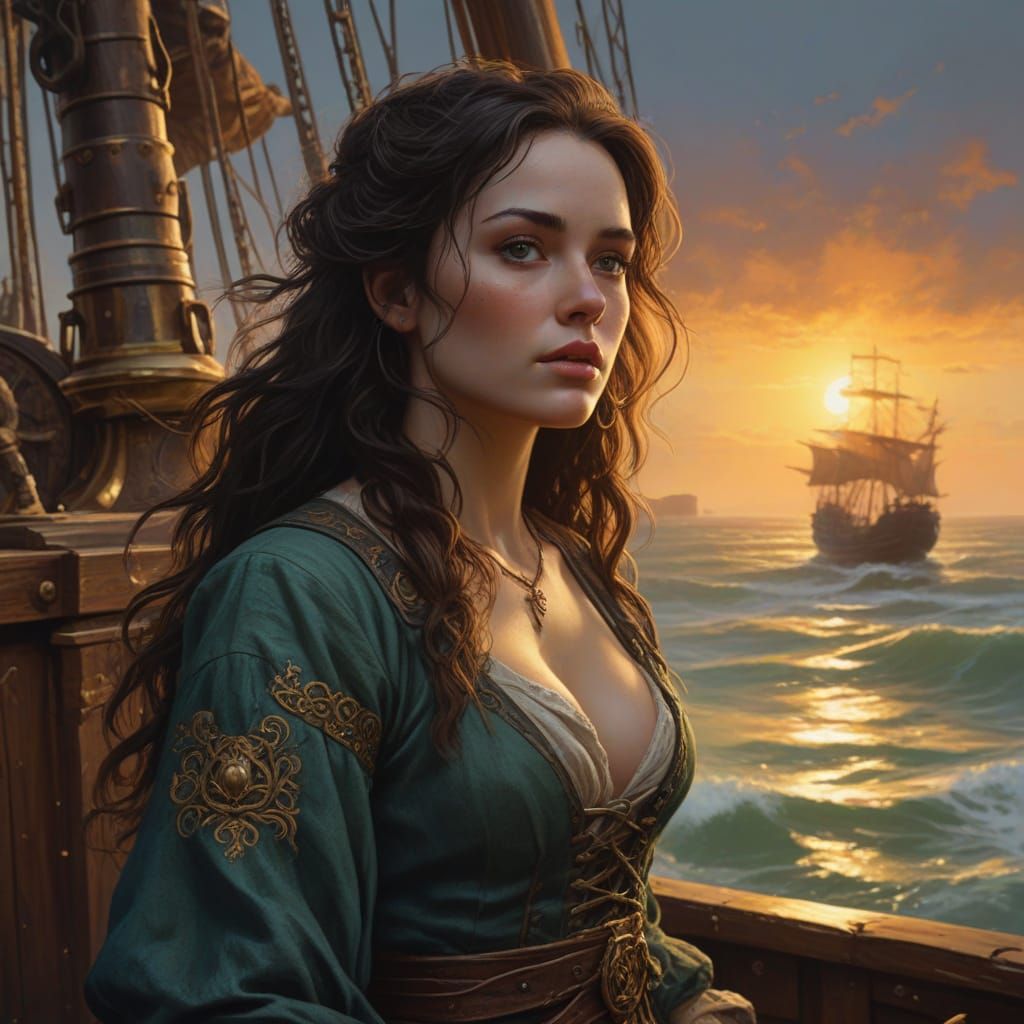 Irish Pirate Maiden with Bismuth Rapier on Ornate Ship