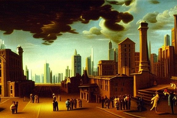 Futuristic Chicago Street Scene as Oil Painting