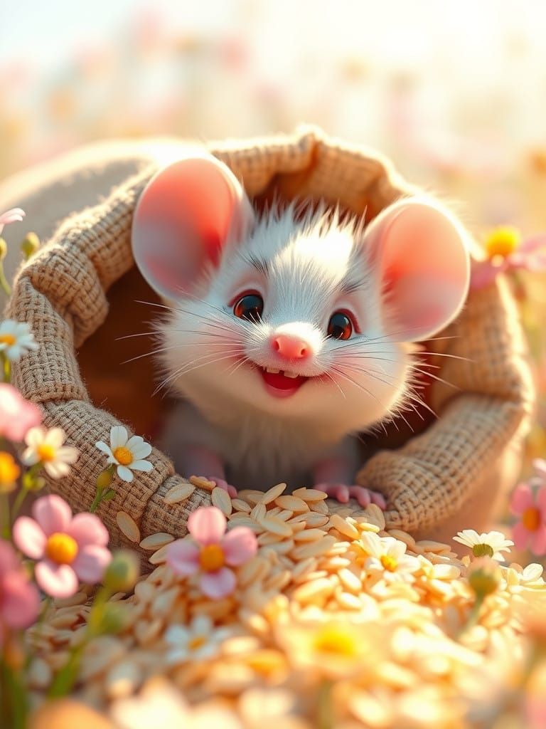 Whimsical Mouse in a Rice Sack with Wildflowers