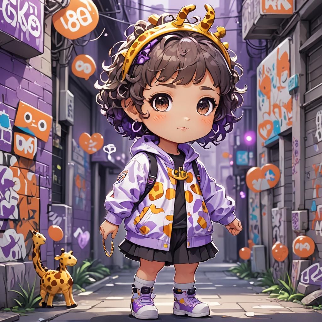 Charming Chibi Girl in Giraffe Costume: Graffiti Art