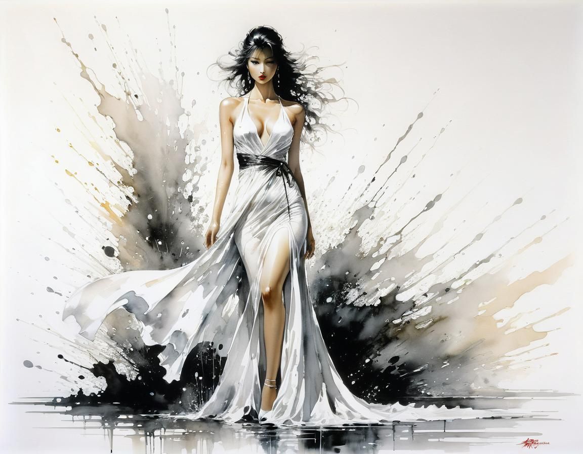Elegant Woman in White Dress: Ink Drawing