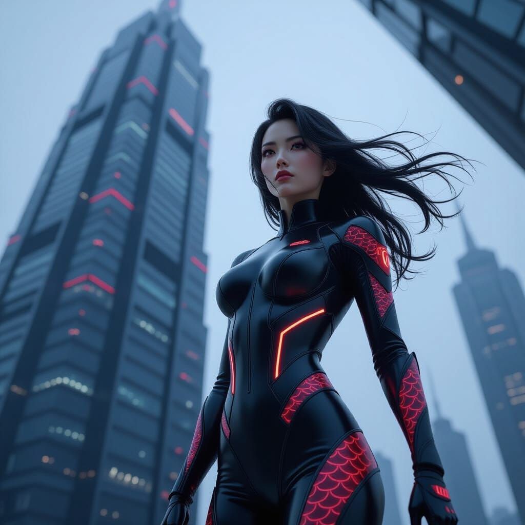 Japanese Heroine on Futuristic Skyscraper in Cyberpunk Style