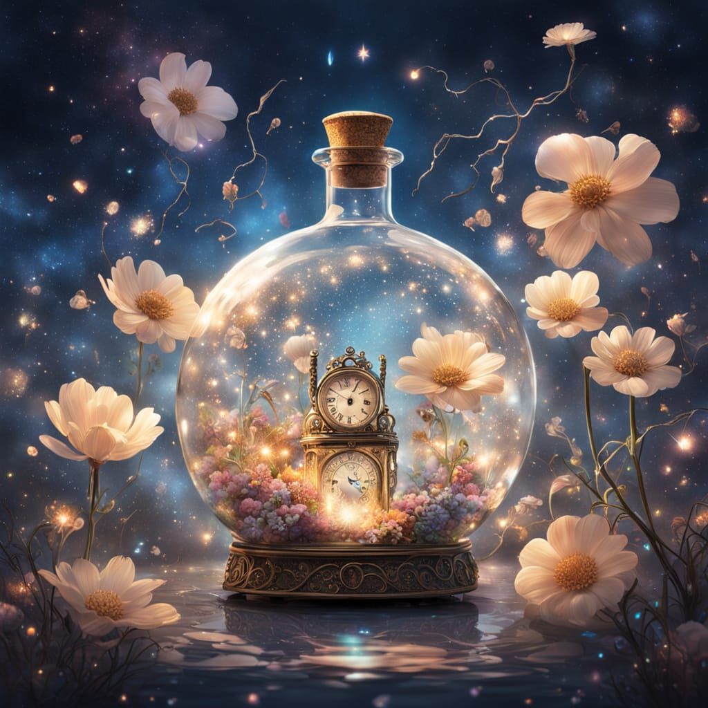 Luminous Bottle of Time in Starry Void