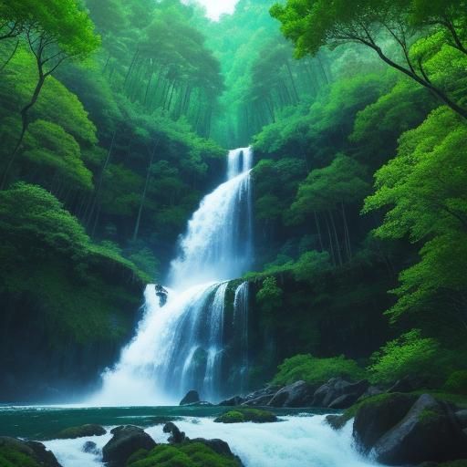 Fairytale Forest Scene with Waterfall and Ironwood Trees