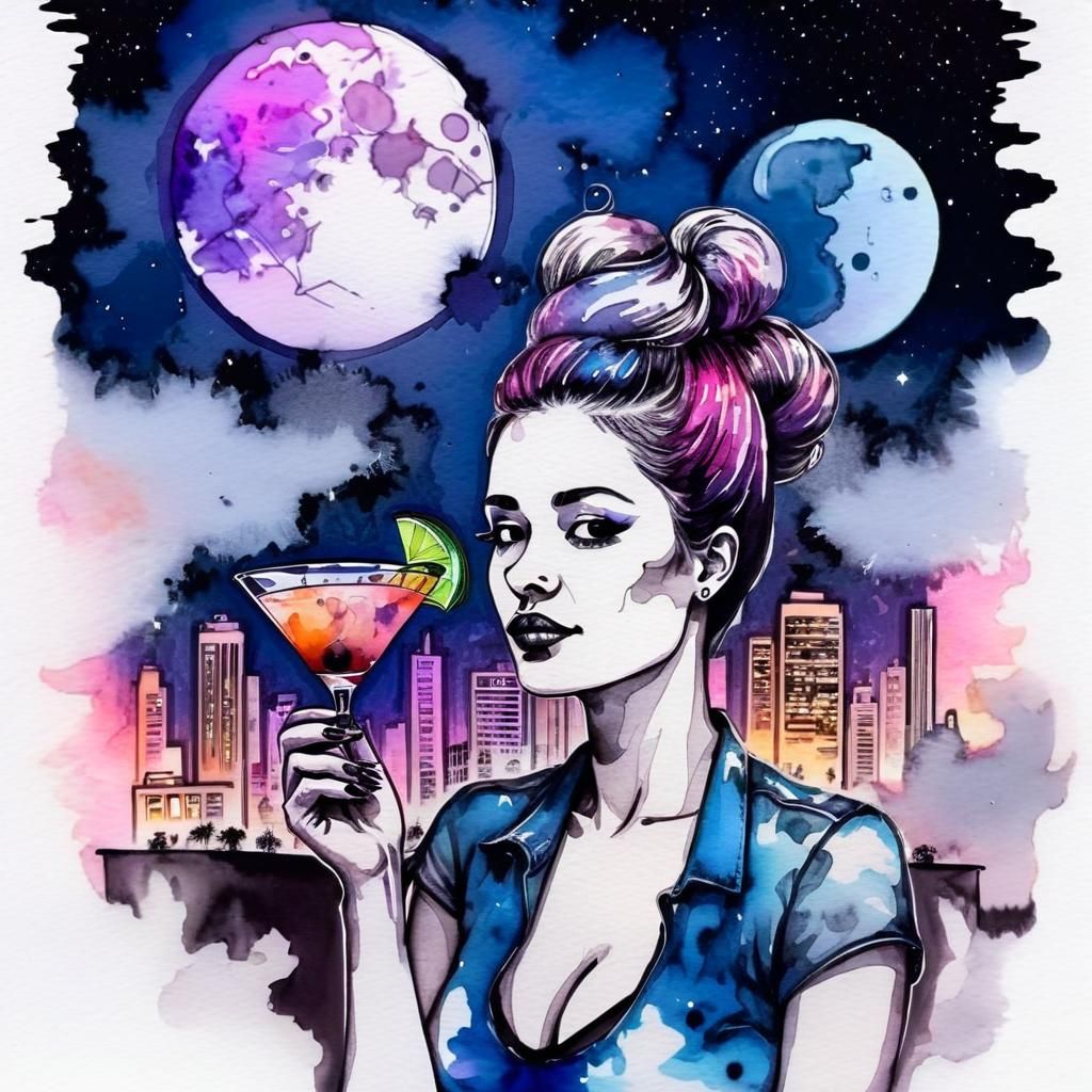 Bartender with Cocktails Portal: Ink and Watercolor Art