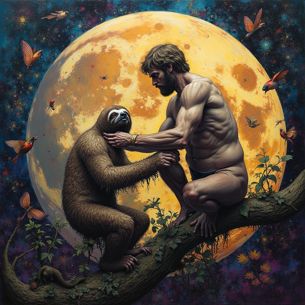 Adam and Eve on Moon with Sloths, Hyperrealistic Splash Art