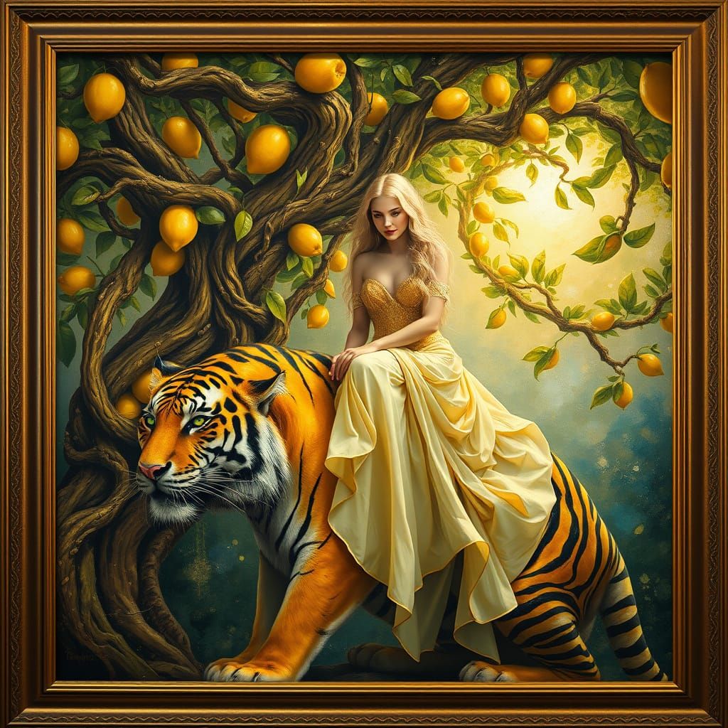 Dreamlike Scene of Blonde Woman and Emerald-Eyed Tiger in Go...