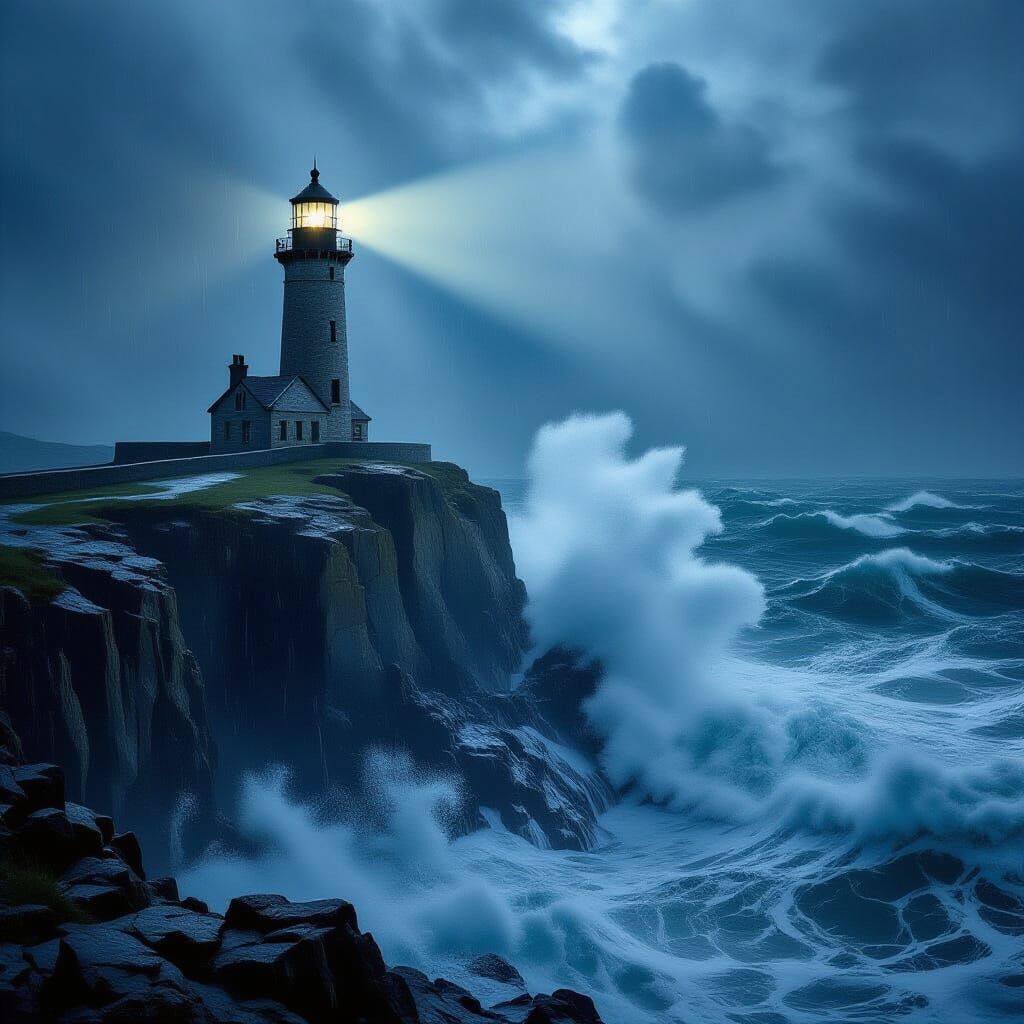 Dramatic Lighthouse Scene in Hyperrealistic Style