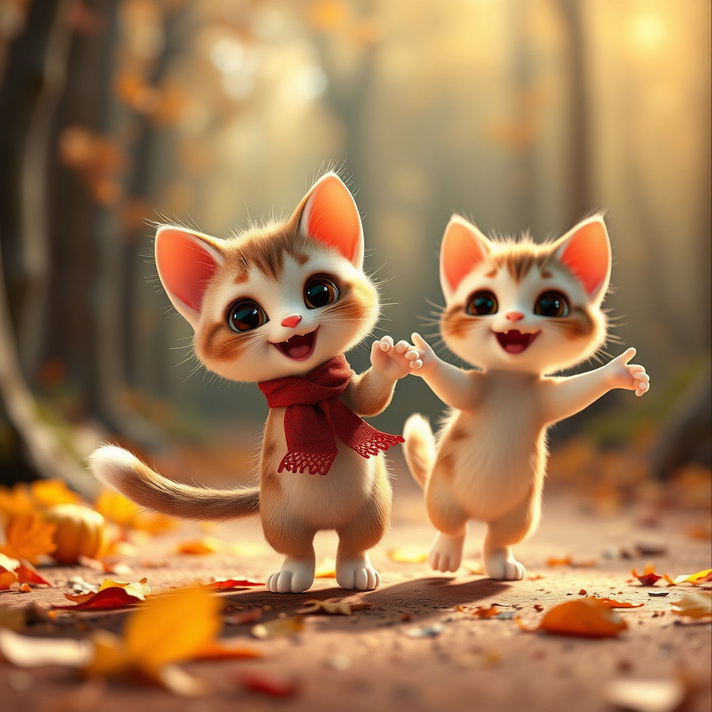 Cute Cartoon Kittens Dancing in Autumn Woods