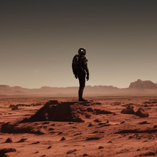 Ethereal Martian Warrior in Crimson Desert Landscape